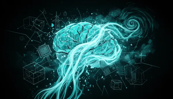 Abstract dark illustration with cyan accents showing a fracturing brain dissolving into light streams, power grids, silicon w