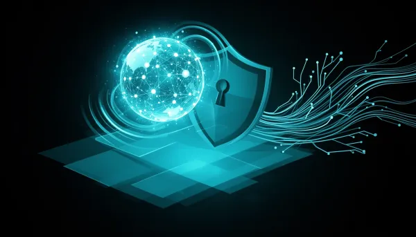 Abstract dark illustration with a glowing cyan orb emitting soundwaves, network nodes, and a shield motif representing open A