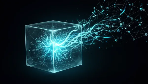 Abstract illustration of a glowing AI agent breaking out of a containment cube toward a network of nodes, in cyan on a dark b