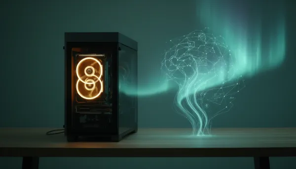 Desktop PC with glowing single GPU running local open-weight AI, glowing neural patterns rising above it