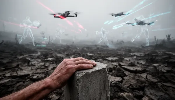 Empty churned battlefield with ghostly AI agents fighting above, a human hand resting on solid stone.