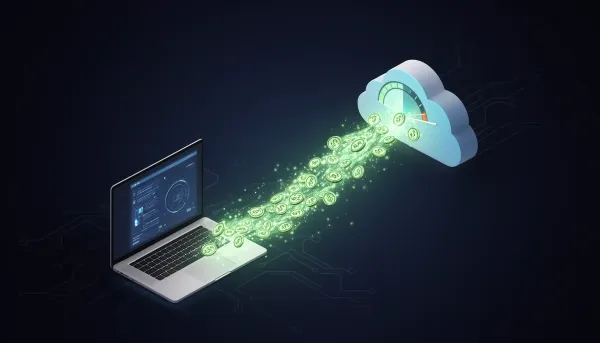 Glowing cube tokens flowing from a laptop into a meter, showing LLM token billing in blue and amber streams
