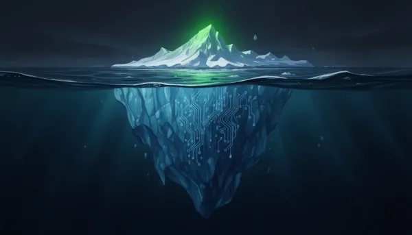 Iceberg with tiny green tip above water and huge submerged mass, symbolizing hidden AI coder token overhead.