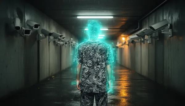 A person in an adversarial-patterned t-shirt walks a surveillance corridor while a thermal camera overlay fails to detect a h
