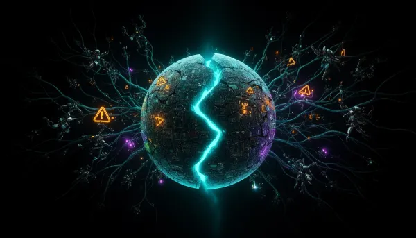 Abstract illustration of a fractured digital globe representing the global AI development pacing debate, with neural networks