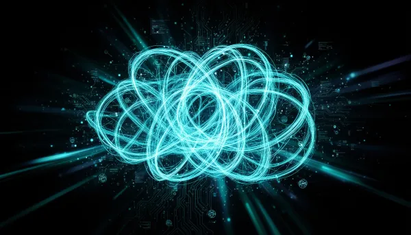 Abstract illustration of glowing cyan neural network loops and fragmented circuit board patterns on a dark background, repres