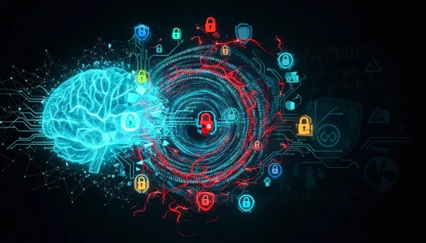 Abstract dark illustration with cyan accents depicting AI safety locks, neural network intrusion threads, compressed data vor