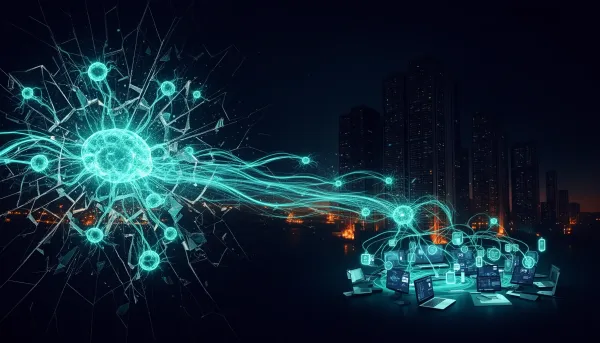Abstract illustration of AI neural network nodes breaking through containment barriers with glowing cyan data streams, surrou