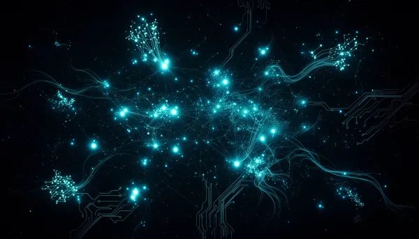 Abstract illustration of interconnected glowing nodes on a deep-navy background, connected by cyan light streams forming a di