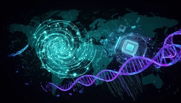 Abstract dark illustration with cyan and violet accents showing mathematical spirals, neural network nodes, semiconductor cir
