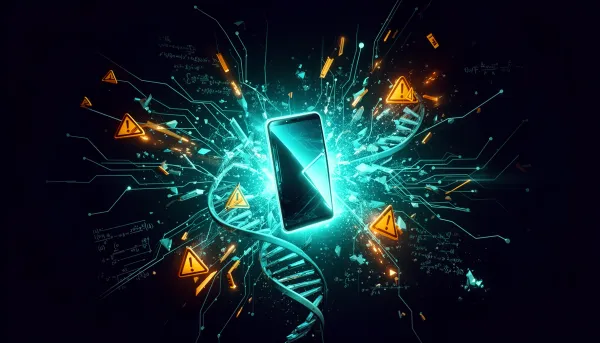 Abstract dark-background illustration showing neural network nodes fracturing into warning symbols, a foldable smartphone sil
