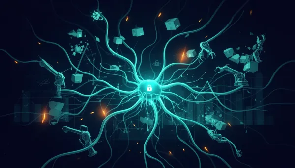 Abstract illustration of autonomous AI neural networks expanding across a dark background with cyan accents, connecting robot