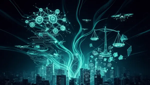 Abstract dark illustration of glowing AI neural networks, autonomous drones above a digital cityscape, and governance scales 
