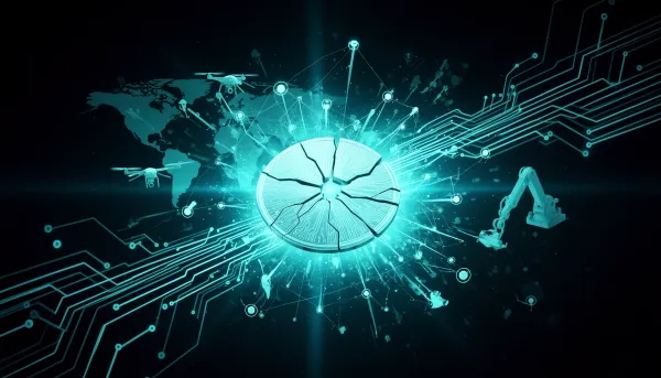 Abstract illustration of a glowing fractured silicon chip at the center of a global AI network, with drone silhouettes, robot