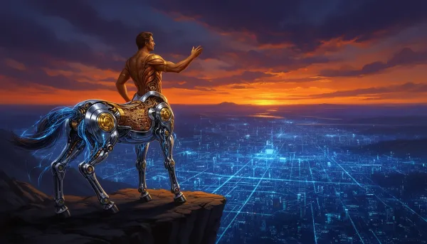 Reimagined centaur with human torso and circuit-board mechanical lower body surveys a glowing digital horizon, embodying huma