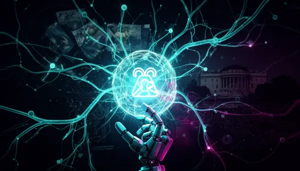 Abstract dark editorial illustration of a robotic hand reaching toward a glowing AI model orb surrounded by interconnected ne
