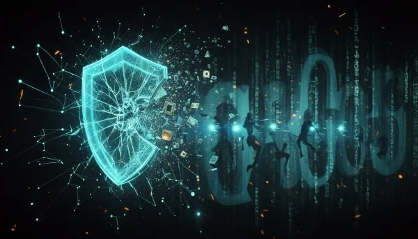 Abstract dark editorial illustration with glowing cyan neural networks, fractured security shields, edge computing circuits, 