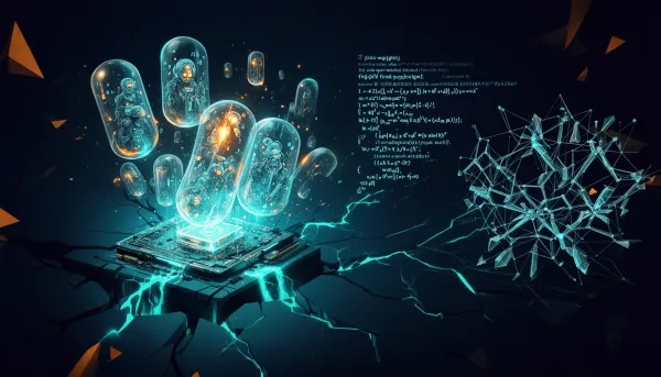 Abstract illustration showing AI agents inside glowing isolated compute capsules, cracked safety barriers emitting cyan light