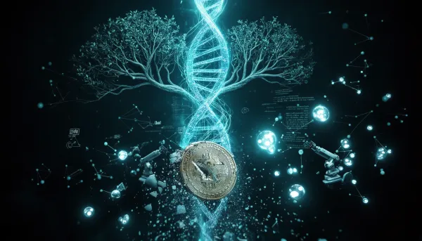 Abstract dark illustration of neural network branches, a glowing DNA helix intertwined with code streams, self-organizing AI 