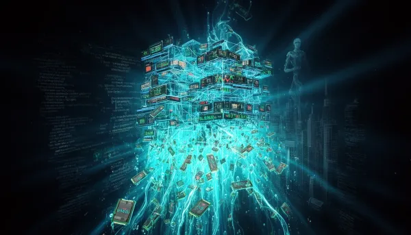 Abstract illustration showing neural network nodes merging with financial infrastructure and flowing GPU chips, a humanoid ro