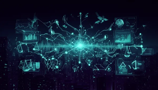 Abstract illustration of glowing cyan neural network nodes and circuit board patterns on a dark background, with holographic 