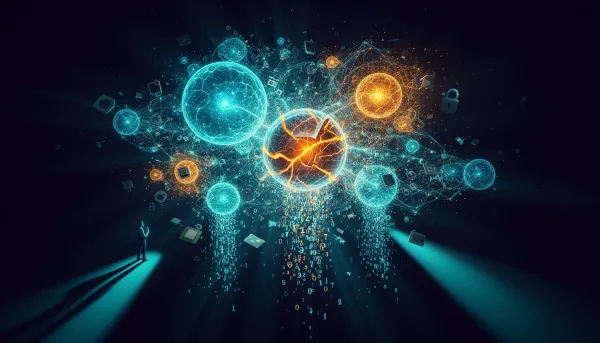Abstract cyberpunk illustration of glowing neural network nodes connected by cyan data streams on a dark indigo background, f