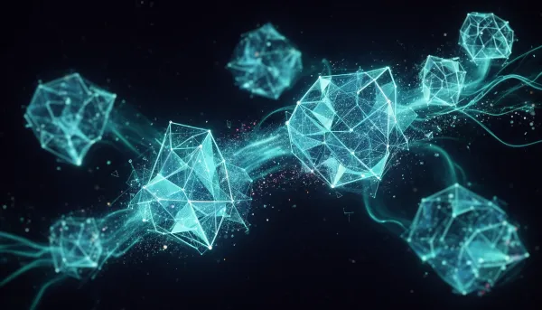Abstract illustration of glowing geometric neural network architectures and cyan data streams against a dark background, repr