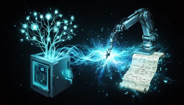 Abstract illustration of a glowing neural network branching into themes of AI security vaults, robotic manipulation, and scie
