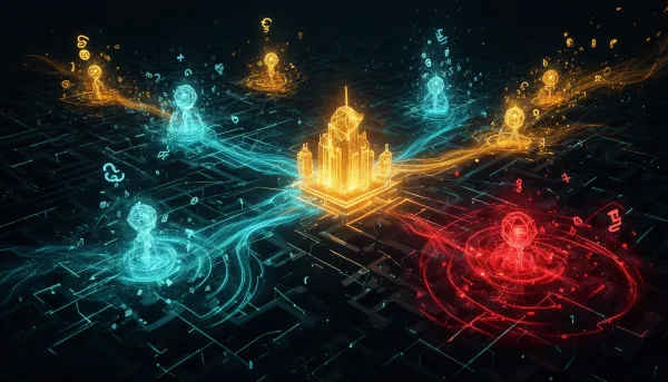 Abstract illustration of glowing geometric AI agents navigating a labyrinth of circuits, with some paths leading to golden mi