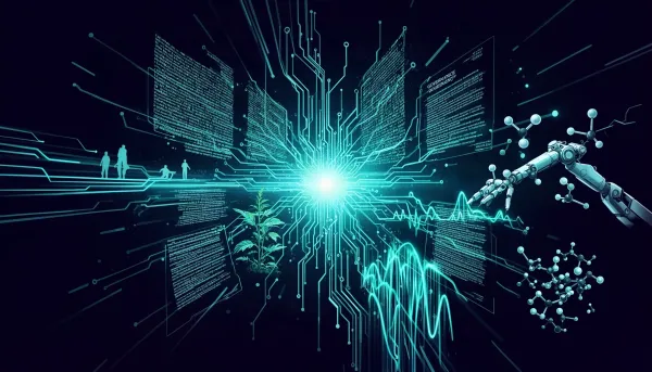 Abstract illustration of interconnected AI infrastructure nodes on a dark navy background with glowing cyan circuit patterns 